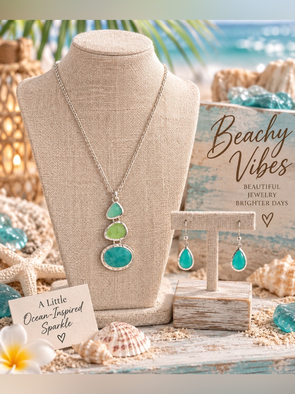 Icon Collection Aqua Green Necklace & Earrings Set Silver Tone 18” Teardrop NWT